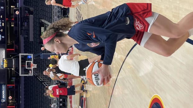 Grace Berger puts up shots before the Indiana Fever's first regular season game versus the Connecticut Sun on Friday, May 19 at Gainbridge Fieldhouse.